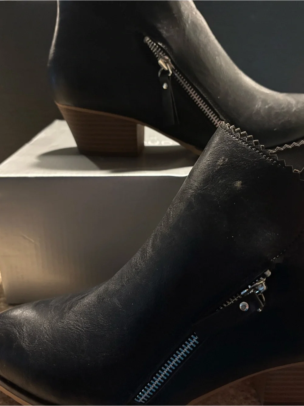 cloudwalkers Black Leather Ankle Booties with Stacked Wood-Tone Heel